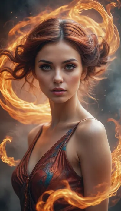 Surreal Portrait of Woman with Swirling Fiery And Smokey Essence in Ethereal Fantasy Art Style