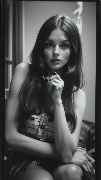 30 year old fashion model in 1970, 1970 fashion, 1970 decor, 1970 hair style, smoking cigarette, amateur Polaroid instant photo, night time dark room, lights off, bad lighting, flash photography, intimate pose, shy smile, smoking, c4rp3, light, makeup, <lora:frieren-10:.5>