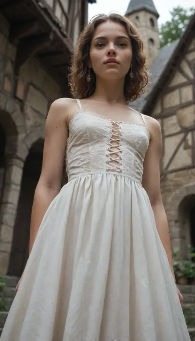 18 year old peasant girl, summer village, masterpiece, medieval times, near haystack, lusty gaze, unlaced dress, flat chested, undressing, from below