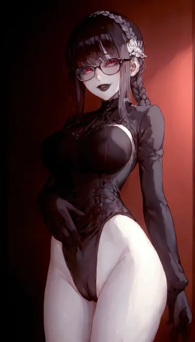 gothic, goth, pale skin, dark black-red eyes, black hair, bangs hair, black eyeliner, (black lipstick), white skin, perfect eyes, small eyes, detailed eyes, small nose, good anatomy, ultra detailed, high resolution, fake breasts, slut face, whore, (ahegao:1), sexy posing, (illustration:1), (hand drawn:1), (anime:1), meetyan, 1girl, black, eyes, glasses, black-framed, eyewear, round, long, hair, bangs, blunt, sidelocks, single, braid, twin, braids, braided, ponytail, sleeves, dress, puffy, gloves, juliet, bookshelf, indoors, library, smile, evil, youngAdult, cameltoe, <lora:kitikuneesann:1>, <lora:detailed_notrigger:.5>, <lora:YoungAdultSDXL:-2>, <lora:cameltoe XL:2>