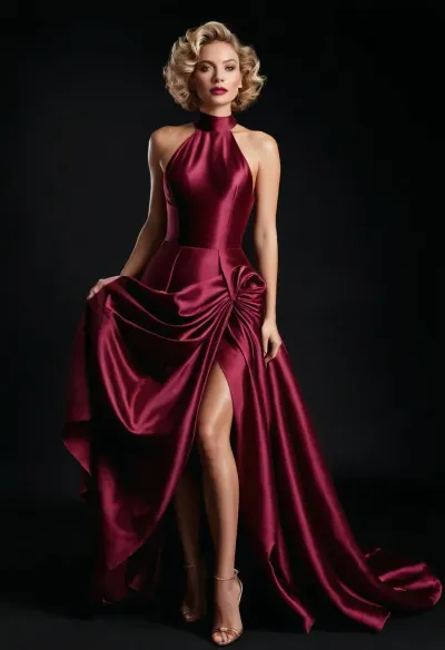 Full body view, glamorous blonde woman with short, voluminous curls, ((She wears a stunning deep burgundy satin gown with a high neckline and elegant draping, exuding sophistication)), . Her makeup is refined, with soft pink lips and subtle eye makeup, enhancing her natural beauty. lively and dynamic atmosphere, sexual pose, dynamic pose, action pose, black background