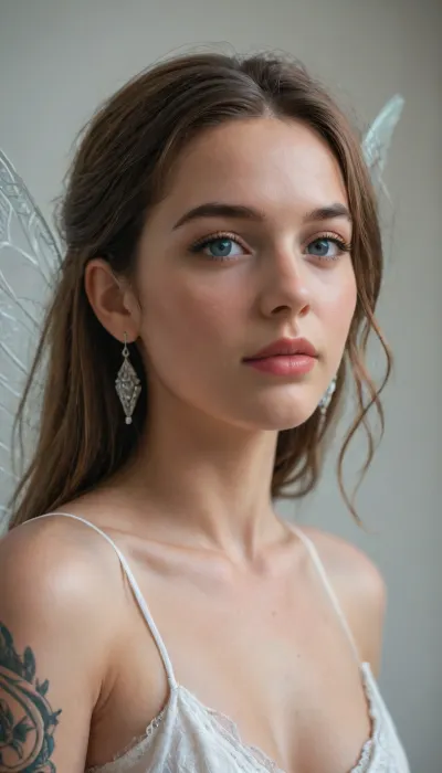 a mystically enigmatic arcane nymph, an ethereal being of intricate beauty and ancient power. The image, a stunningly detailed digital painting, captures her essence with lifelike precision. She exudes an otherworldly aura through her shimmering iridescent skin, intricate glowing tattoos, and eyes that seem to hold the secrets of the universe. The high-resolution rendering of her flowing, luminous robes and delicate, fairy-like wings adds to the overall majesty of the scene. This captivating depiction conveys a sense of wonder and mystery, drawing viewers into the enchanting realm of the supernatural.