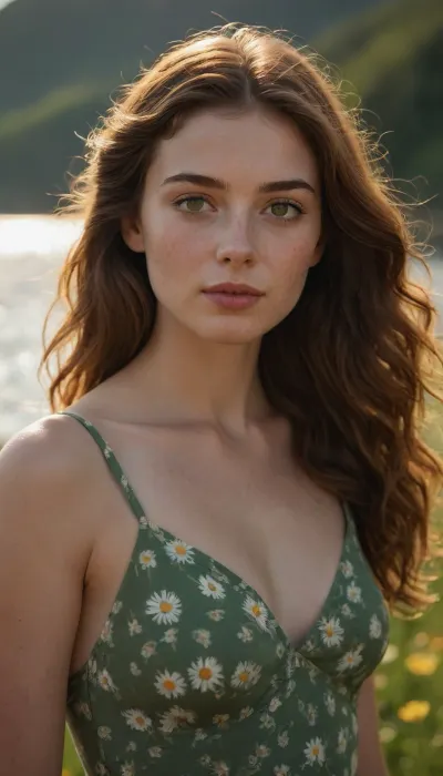 Ultra-realistic portrait of a young woman with soft, sun-kissed skin and natural freckles, gazing gently at the viewer. She has deep green eyes, well-defined eyebrows, and subtle, warm-toned makeup. Her long, wavy brown hair flows naturally over her shoulders, with a delicate pink daisy tucked behind her ear. She wears a dark, floral-patterned summer dress with thin straps, revealing her sunlit shoulders. The background showcases a stunning golden-hour mountain landscape with a serene river, lush greenery, and yellow wildflowers. The setting sun casts a warm, soft glow, enhancing the dreamy and tranquil atmosphere. The composition is balanced with a slightly blurred background, focusing on the subject's serene and natural beauty.