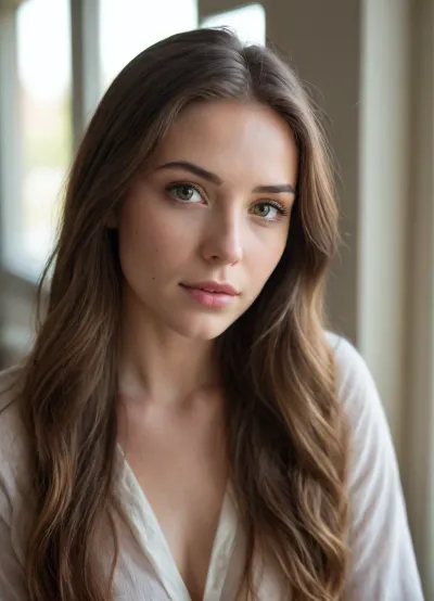 A portrait of a confident young woman with long, flowing hair, set in a softly lit room. The warm ambient light spills in through a window, creating a cozy and inviting atmosphere. She gazes directly at the camera, exuding a sense of self-assured beauty and clarity. The background features muted colors and minimal decor to maintain focus on her face and expression. The lighting enhances her natural features, sculpting soft shadows across her skin. Incorporate an artistic focus on capturing emotion through expression, avoiding harsh contrasts. Emphasize, (beauty:1.2), (softness:1.5), and, (serenity:1.3), . Include negative prompts for, (distraction:1), (harshness:1), .
