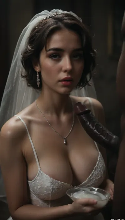 interracial, very large black penis, The chubby Persian bride in sexy wedding dress, drinking sperm from transparent Plastic cup, there is cum in cup, cup full of sperm, cum swallowing, ((gokkun)), cum dripping from the corners of her lips, ((text on The cup, "BBC Cum")), logo, text, sign, that, says, the, word, <lora:671410_training_data:.8>, <lora:dark:.5>, <lora:texta:1>, <lora:677862_training_data:.8>