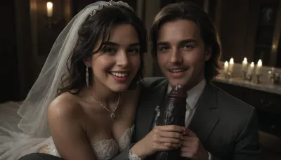 interracial, pov of black penis, (((1white cuckold husband in suit is behind the bride hugging the bride he is happy and look at the camera1.5))), very large black penis, The happy chubby Persian bride in sexy wedding dress, cum driping bride's chain' cum driping from black penis, drinking sperm from transparent glass cup, there is glossy and sticky sperm in cup, cup full of sperm, cum swallowing, ((gokkun)), cum dripping from the corners of her lips, The woman holds the cup under the black cock., happy, <lora:671410_training_data:.4>, <lora:dark:.5>, <lora:677862_training_data:.8>, <lora:happy_v2:1>
