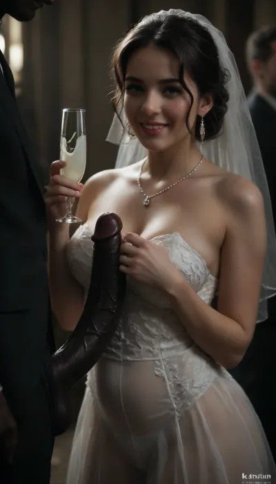 interracial, ((white cuckold husband in suit is behind the bride and crying)), very large black penis, The happy chubby Persian bride in sexy wedding dress, cum driping bride's chain' cum driping from black penis, drinking sperm from transparent Shot glass, there is glossy and sticky sperm in small Shot glass, small Shot glass full of sperm, cum swallowing, ((gokkun)), cum dripping from the corners of her lips, The woman holds the Shot glass under the black cock., ((there is a text on The Shot glass is, "BBC Cum")), logo, text, sign, that, says, the, word, happy, <lora:671410_training_data:.9>, <lora:dark:.5>, <lora:texta:1>, <lora:677862_training_data:.9>, <lora:happy_v2:.9>