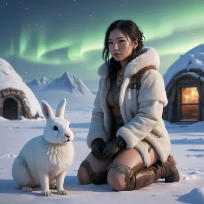 A young, beautiful, slender, short top Inuit Eskimo woman dressed in animal skins and war paint kneels in the tundra at day with a beautiful, realistic little snow hare, with many northern lights in the sky and an igloo in the background, cyberpunk art, retrofuturism, by Lü Ji, cgsociety 9, nezha, very beautiful cyberpunk, cyberpunk, concept art feng zhu, (UHD, 4K, 8K), perfect small breasts, perfect soft face, face closeup