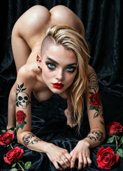 score_9, score_8_up, score_8, score_7_up, score_7, 1girl, full body view, small, cute female, detailed eyes, dark eyebrow, cute face, freckles, ear piercing, petite naked body, short, small face, cute, easynegative, slender, score_/_up, score_6_up, (She has undercut, one side shaved hairstyle long blonde hair), (big blue eyes), (medium perky breasts), super slim body, ((roses and skulls tattoos covered her body totally)), (nose, ears, eyebrow piercing), (red lipstick), (strong smudged black mascara), goth girl, innocent, shy, skinny girl, 18yo, long hair, lowleg, skindentation, exposed bellybutton, thin waist, slim legs, slim ass, slutty face, extasy orgasming face, (bent over picking up a slice_of_cherry_pie from the ground, bent over at the waist, face upside down between legs)