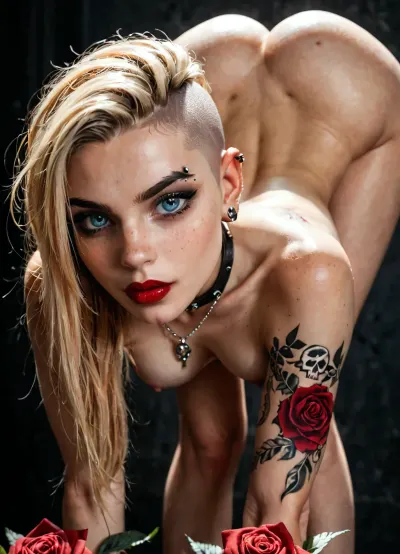 score_9, score_8_up, score_8, score_7_up, score_7, 1girl, full body view, small, cute female, detailed eyes, dark eyebrow, cute face, freckles, ear piercing, petite naked body, short, small face, cute, easynegative, slender, score_/_up, score_6_up, (She has undercut, one side shaved hairstyle long blonde hair), (big blue eyes), (medium perky breasts), super slim body, ((roses and skulls tattoos covered her body totally)), (nose, ears, eyebrow piercing), (red lipstick), (strong smudged black mascara), goth girl, innocent, shy, skinny girl, 18yo, long hair, lowleg, skindentation, exposed bellybutton, thin waist, slim legs, slim ass, slutty face, extasy orgasming face, (bent over picking up a slice_of_cherry_pie from the ground, bent over at the waist, face upside down between legs)