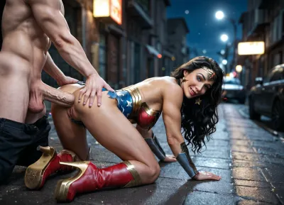 1girl cute young woman Wonder Woman gangbanged large henchmen, Wonder Woman, 18 years old, (torn and ripped Wonder Woman outfit), platform boots, (leather collar), high detailed skin, 8k uhd, dslr, high quality, detailed skin texture, highly detailed hair, sharp body, highly detailed body, realistic, soft focus, insanely detailed, highest quality, freckles, skin pores, skin imperfections, (dark city alleyway:1), dark rundown city in background, (dark night:1.4), clutter and trash in background, full body view, seductive, glowing hair, sexy legs, high resolution photography on a canon camera, friendly, flirty, (2males ass fucking Wonder Woman), (anal sex:1.2), DAP, double anal penetration, anal penetration, blurry background, Bokeh, (doggystyle anal), (massive cock:1.3)