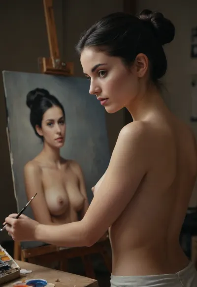 20 years old slender woman, black hair, pinned-up hair, medium size breast, painting studio, she is painting a nude image of herself on a canvas, (highly detailed, photorealistic, UHD, 4K, 8K)