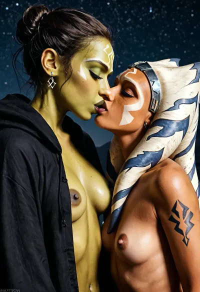 uber realistic, ((ahsoka tano kissing a very skinny green skinned girl)), ((the green girl has nineteen small black squares tattooed across her cheeks)), dark hooded robe and a pointy messy bob cut, ((small perky tits)), lesbian kissing, starry night sky in background