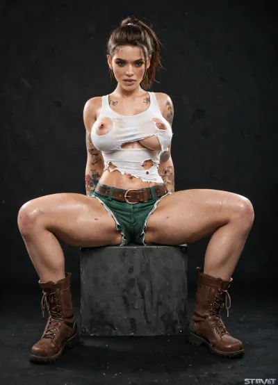 1 Woman, Looking front, Strait hair, Shiny reflect on hair, Mid short hair, brown hair, Ponytail hair, Perfect breast, Breast appeared within shirt scratches, Subtle breast skin trough scratches, Mercenary, Ripped Off and dirty white sport tank top, green Mini shorts scratched and shredded, White lace thong appear under shorts, Full body view, Black background, tattoos on both arms, brown leather belt, Military boots, big lips, chr1stym5ck, 1woman, biting, own, lip, biting lower lips, <lora:Christy_Mack:.5>, <lora:384729_training_data:1.1>, sweat shirt, horny look, cameltoe, ripping shirts off barehanded savagely