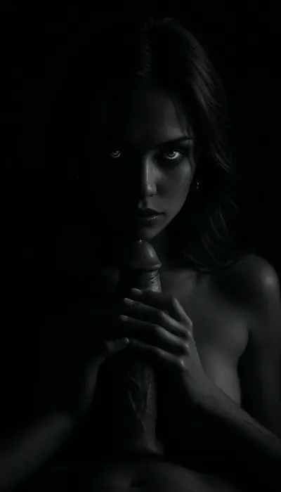 (masterpiece, best quality, photorealistic), ((monochrome:1.6)), ((black and white only:1.5)), soft candlelight, chiaroscuro shadows across linen sheets, quiet intimate glow, man and woman nude in bed, lying close, bodies relaxed and visible in full view, ((woman jerking him off slowly:1.7)), one hand wrapped around his cock, her palm and wrist slick with motion, ((his cock fully exposed, cum gushing onto her forearm and fingers:1.7)), fluid streaking in mid-air, caught in candlelight her glowing eyes on his face, (glowing eyes:1.5), soft flushed smile, skin glistening with warmth, the moment tender and filthy his body tensed, chest rising, lips parted in silent release, cum still spilling in her grip camera low and close, focused on cock, hand, cumstream, and candlelit intimacy bedroom silent, sacred, soaked in breath and heat, <lora:ral-chrosc-bw:1>, <lora:dark:1>