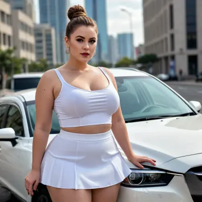posing on top of Mazda 6, Glamorous Plus Size Bun with a thin waist, bigbust, bighips, beautiful makeup, lots of makeup, in a white very short very tight top and a very short and very tight skirt, angle from a height, close-up, the girl in the frame entirely, luxurious, high detail, high qualitybright, realistic, professional angle, beautiful light, 4K