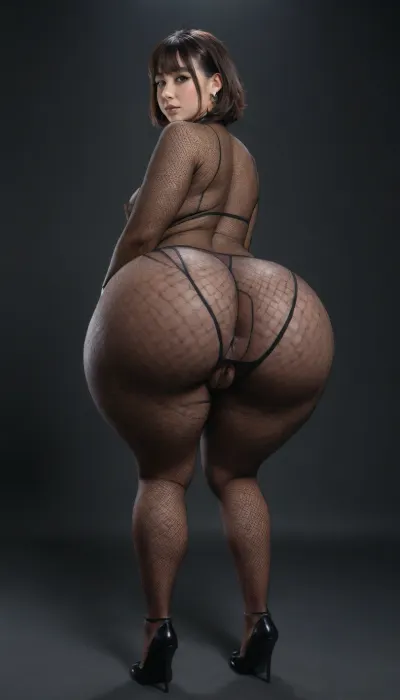 (Hinata Huyga, in iconic suit), naked woman, transparent, (large ass:1.2), fishnet bodystocking, see-through, crotchless lingere, bangs, (comically hyper puffy swollen vulva:1.2), puffier, (excessive hyper pronounced puffy swollen labia:1.2), over sized vulva, show ass, gaped anus, extra gaped anus, Dark background, fullbody