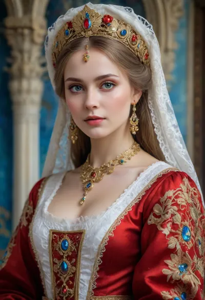 Portrait of a Russian beauty in national costume, lace filigree of bright, rich color. Super clear, highly detailed watercolor, glaze technique, plus colored alcohol ink, style of V. Vasnetsov