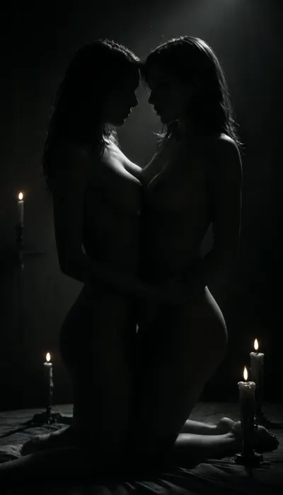 (masterpiece, best quality, photorealistic), ((monochrome:1.5)), ((black and white only:1.4)), soft candlelit chamber, deep shadows, ritual setting two nude women present, one standing, the other kneeling before her, body upright and breasts exposed, ((first woman tilting a lit black candle over the second woman’s chest:1.6)), molten wax visibly dripping from the candle, ((second woman’s skin reacting, wax landing on her bare breasts:1.7)), chest arched slightly, mouth parted, eyes half-closed visible trails of melted wax on her skin, hardening as it cools, detail focus on breast and wax interaction camera mid-close, focused on wax drip, candle, and chest—mood heavy, reverent, erotic atmosphere silent, soaked in heat and submission, <lora:dark:.7>, <lora:pptrain_xl:.1>, <lora:ral-chrosc-bw:.8>
