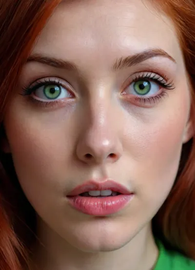 young beauty, cute pretty face, bright red hair, large green eyes, hazel eyes, oriental eyes, red puffy open lips, triangular face, pointy chin, stunning beautiful, face closeup, lot of cum on face, much cum on hair
