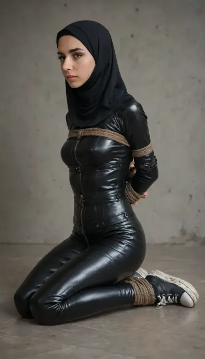 a young woman with leather hijab, tight leather pants, leather corset and converse sneakers, (hogtied:1.2), hogtie, bondage, <lora:sdxl_hogtie_v2-step00001500:.8>, (reflective leather:1.2)