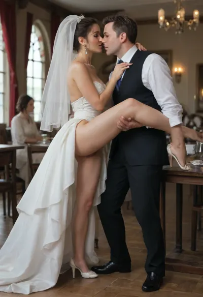 The large hall of the restaurant, the wedding celebration in the restaurant, festively dressed guests, the groom stands in the middle of the hall and holds the bride in his arms, the drunk bride lifted the hem of her wedding dress and spread her knees wide, showing her hairy pussy, and the groom's friend licks the bride's pussy, he does cunnilingus to the bride, the guests also laugh happily, pleased with the performance, Side view of all full-length models