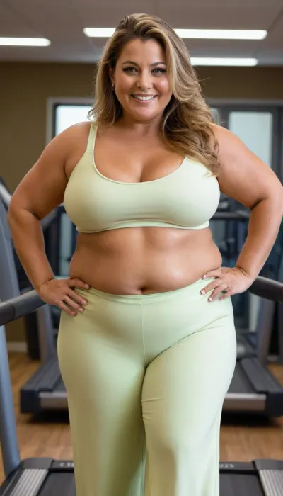 Sexy old mature, 40 years old, dark blonde, tan skin, long wave hair ponytail, very chubby woman, plus size model, small tits, very tiny boobs, huge culottes, cellulite, extreme chubby bbw, wide shoulders, large hips, thick arms, thick body, very cute face shy smile, tight pants, at the gin, walking on a treadmill, full body view, looking at the camera, very sweaty body, side and back body view