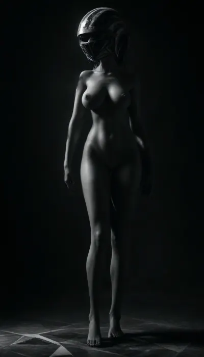 (masterpiece, best quality, photorealistic), ((monochrome:1.6)), ((black and white only:1.5)), fog-drenched industrial interior, hard shadows, rusted metal walls, ((nude female figure standing very tall:1.9)), ((perfect body:1.8)), — full breasts, wide hips, tidy bush, defined thighs, moisture at inner thighs, ((head obscured by massive triangular geometric helmet:2)), — large metallic pyramid-shaped helm, edges sharp, surface worn, fully concealing face and neck, ((arms relaxed, posture unyielding)), one hand gripping a long industrial blade, or dragging something unseen, lighting dramatic, carving shape into her curves and the pyramid helm, light pooling around feet and hips, camera low, tilted slightly, centered on body — form soft, helm brutal, contrast absolute, atmosphere oppressive, erotic, surreal — **she does not reveal, she destroys**, <lora:ral-chrosc-bw:.7>, <lora:dark:.7>