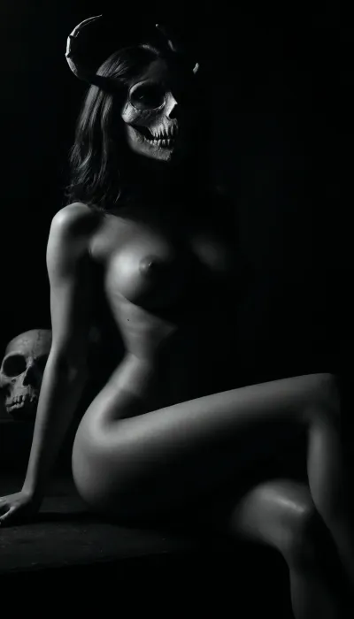 (masterpiece, best quality, photorealistic), ((monochrome:1.6)), ((black and white only:1.5)), darkened ritual chamber or empty stone interior, soft underglow lighting nude woman seated or reclining on hard surface, ((legs fully parted in confidence:1.8)), inner thighs and folds softly exposed in contrast light, ((body flawless, erotic, reverent:1.8)), — smooth skin, tidy bush, full breasts, narrow waist, soft curve of belly, moisture visible between parted folds, ((wearing primal animal skull mask:1.9)), — bone texture, elongated snout or antlers, eye sockets empty, face fully concealed light source low, illuminating her sex, hips, and chest — face shadowed, mask dominant in silhouette camera low and frontal, focus centered between thighs, mask blurred or framed above — **body revealed, identity hidden** atmosphere sacred, ancient, deeply erotic — **she is not woman. She is offering**, <lora:ral-chrosc-bw:1.2>, <lora:dark:.7>