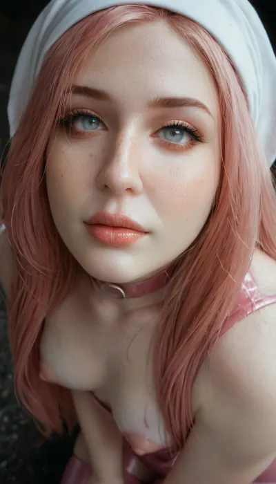Score_9, european woman, (face closeup:1.65), chubby, cute face, bangs, (long hair:1.76), (hair covering one eye:1), perfect small breasts, pale pink hair, head scarf, (pale skin:1.5), transparent pink latex dress, latex socks, latex choker, (transparent latex:1), (white eyes:1.1), (puffy areola:1.33), smirking, narrow lips, freckles, ((no makeup)), (above view:1.5), (ass view:.01), (on knees:1.3), (head tilted on side:1.5), night, ruby contour, perfecteyes, <lora:aka-000002:1.1>, <lora:EnvyZoomSliderXL01:2>, <lora:light_contour_sdxl:.9>, <lora:PerfectEyesXL:1.4>, <lora:405168_training_data:1.1>
