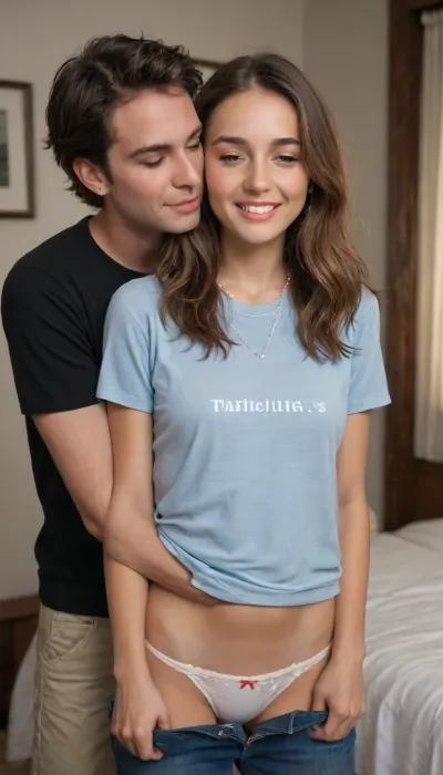 19 yo American girl, cute, skinny, slender, not so tall, ((light brown wavy long hair with extensive highlights)), large sad eyes, petite, upturned nose, red nose tip, nice full lips, (reddish tan:1.4), she is smiling and happy, perfect teeth, (blush), She has a casual and friendly demeanor, and happy expression, Best quality. in her luxury apartment bedroom . she has a happy expression, (she is wearing a shirt and panties. Her boyfriend is standing behind her kissing her neck and feeling her body from behind her back. . She is wearing a t-shirt and panties. Her panties are the center of the image and, (((she is facing forward))), . she is in her bedroom. She is slim. The man’s eyes are closed. He is wearing pants and a shirt. He has short hair. She has a very long pearl necklace, prominent circular earrings, perfect teeth, slender figure detailxl)