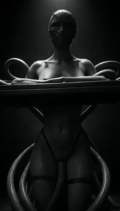 (masterpiece, best quality, photorealistic), ((monochrome:1.6)), ((black and white only:1.5)), biomechanical chamber interior, vertical slab or cold metal wall, ambient pulse-light, sacred dark glow, ((nude woman strapped upright to a vertical operating table:1.5)), arms lifted and restrained, legs spread, posture exposed and submissive, ((flawless body:1.7)), soft musculature, thighs slick, abdomen tense, skin wet and reflecting the light, ((face covered by jagged, angular breathing mask:1.6)), faint fog within, identity obscured, ((thick alien tubing and biomechanical tentacles slithering around her:1.5)), one coiled around thigh, one pressing into her between legs, others sliding across her torso, ((entry teased, vaginal folds glistening:1.7)), no penetration yet, tension building, stimulation present lighting, low, hard, directional from below — emphasizing glistening skin, fluid reflections, biomech highlights camera angle, tilted upward — focusing on restrained posture, curves, tubes, and control atmosphere, silent, sacred, clinical, unholy — ritual submission, living filth as communion, <lora:ral-chrosc-bw:1.5>, <lora:dark:.5>
