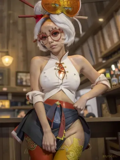 crowded bar, no makeup, good hands, perfect fingers, leotard, puffy cameltoe, purah, red, glasses, hair, ornament, stick, headband, white, bare, shoulders, jacket, black, orange, leggings, high, heels, sleeveless, clothes, tug, skirt, dress, shirt, sweater, wind, lift, <lora:ahx_v1:.7>, <lora:purah-nvwls-v3-final:1.5>, <lora:skirt_tug_v0.1:1>