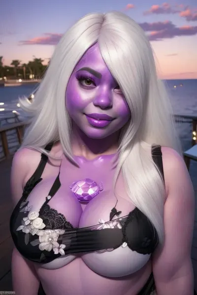 posing for a picture, boardwalk, full body view, tank top, black bra, purple skin, long white hair, gem between collarbone, (insanely detailed, beautiful detailed face, masterpiece, beautiful detailed eyes, best quality), smiling, solo, <lora:Amethyst-10v6:1.2>, <lora:weight_slider_v2:.5>