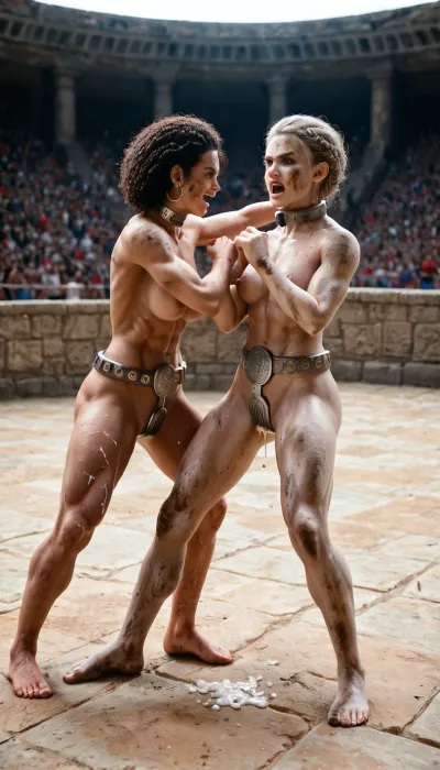 Two cute muscular gladiator girls, naked, (Dirty:.7), no make up, heavy steel collar, metal chastity belt, leather straps on torso, on hands and on legs, cum dripping, leaking cum, on Roman gladiator arena, stone walls, angry, (fight:1.2), fighting each other, beating each other, excited crowd