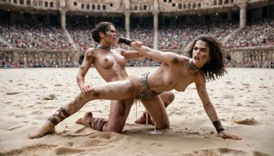 Two cute athletic gladiator girls, naked, (Dirty:.7), no make up, (heavy steel collar:1), (metal chastity belt 1.1), leather straps on torso, on hands and on legs, cum dripping, leaking cum, on sand, Roman gladiator arena, stone walls, angry, (fight:1.2), fighting each other, beating each other, excitedd Roman crowd