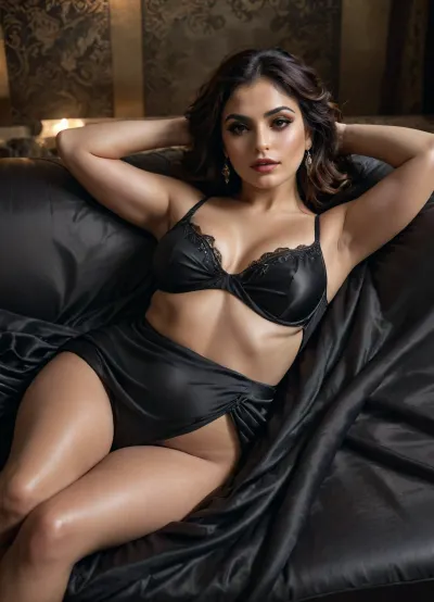 A modern, high-fashion portrayal of a curvy Persian woman, her body wrapped in flowing black silk, lying on a low, modern couch. The lighting is dramatic, creating sharp contrasts between the silk and her skin. A series of soft shadows dance across her body, emphasizing the curves of her hips, waist, and breasts. The scene is both intimate and alluring, with an air of seduction and modern sensuality. The focus is on texture and form, with sleek, clean lines and contemporary style., <lora:dAIversityUnderstandingXLRealistic:.8>