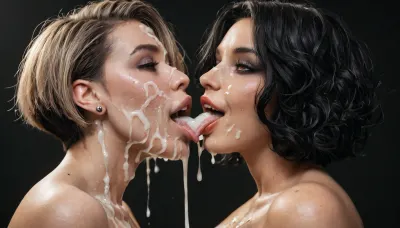 2 french gothic mature curvy women, embracing eachother, looking at eachother, short black bobcut hair, lesbian sex, passionate french kissing, tongue in mouth, excessive cum on face, smiling, cum dripping from face, cum on body, black room, black background