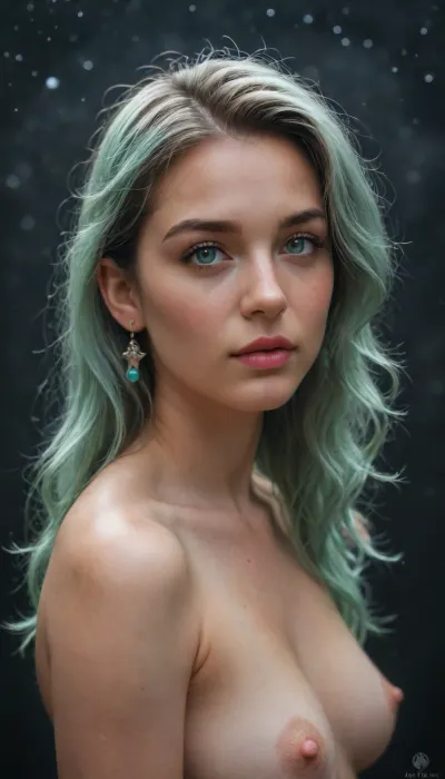 an image of a beautiful alien with a realistic anatomy, in full ghost, naked. She has long, radiant hair that shimmers with colors that change from blue to green. Her skin is a delicate shade, with a slight shimmer that emphasizes her uniqueness. The eyes are large and expressive, with bright pupils reflecting the starry sky. She is dressed in a stylish outfit made of futuristic fabrics that hugs her figure and emphasizes her elegance. The background is a mysterious cosmic landscape with planets and bright stars. The atmosphere should convey a sense of harmony between unearthly beauty and nature.