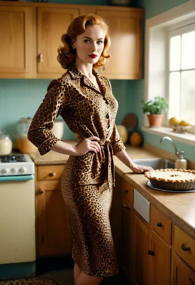 beautiful sexy traditional wife, full body standing pose, ginger, fully leopard print clothed, 1950s era leopard print clothing, kitchen background, baking pie, <lora:Microwaist_XL_v01:1.3>, <lora:MJ52:.6>, <lora:xl_more_art-full_v1:.3>