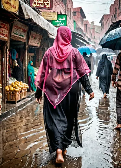 Hot young chubby afghani women wearing pink transparent hijab and black transparent burkha wet by rain walinkng in old city fish market, her but are huge and medium size chest, views from her back side and she walking on dirty road, extra view, ultra wide angle, wide angle