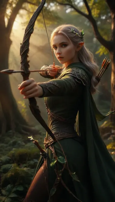 An elegant elf ranger is drawing back her bow, (she is aiming her bow and arrow just past the viewer), she has fantasy white braided hair, she has a green cloak embroidered with golden thread that is fluttering in the wind, she wears an elvish styled crown with a few visible emeralds, realistic, hyper realistic, the scenery is a lush woods with the sunlight beaming through the treetops creating a cinematic look, enchanted forest, mystical, ObsidianLeaves, 3nch4nt3d, f0r3st, Aiming, a, Bow, <lora:292303_training_data:.5>, <lora:3nch4nt3d_f0r3st:.7>, <lora:XL_Weapon_Bow_-_By_HailoKnight:.5>