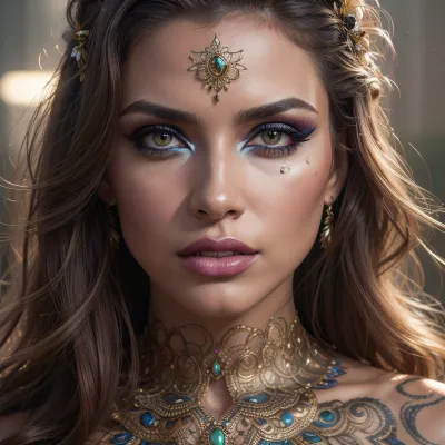 (photorealistic:1.3), (studio portrait:1.2), of a stunning young woman, (extreme close-up on face:1.1), wearing, (intense, vibrant, intricate, makeup:1.5), on eyes, cheeks, lips., (Strong backlighting:1.5), (dramatic rim light:1.4), (deep shadow:1.2), (face partially in shadow:1.4), (dark background, black backdrop), ., (Intense gaze:1.1), confident expression., (Cinematic lighting:1.2), (high detail:1.3), (sharp focus:1.2), (8k resolution:1.1), professional photography, professional color grading, RAW photo quality, Vogue cover