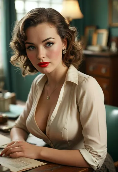 A masterful seduction: the retro 1950s secretarial allure in detailed pixel art