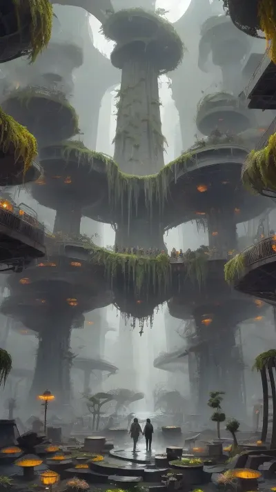 Bird's-eye view of a post-apocalyptic metropolis, ** Endless jungles of concrete and steel are swallowed up by nature, skyscrapers with collapsed facades and rusty beams ** have turned into vertical gardens, where ** giant ferns ** and creepers ** entangle cracks in the walls**, and** moss waterfalls ** flow down through twisted elevators*. The roofs are hidden under a dense canopy of oaks, palms, and glowing mushrooms, whose roots turn freeways into crumbling slabs dotted with rusty car frames and leaning streetlights.Collapsing bridges * \ hang over * \ overgrown canals, In the skyswift peregrine falcons * \ hunt **flocks of crows * \ circling over * \ the remains of stadiums, where * \ wild vineyards have swallowed up * \ the stands. *The setting sun * \ *breaks through * \ toxic \, yellow smog**by painting the foggy haze *in * \ *neon \, green **and **blood -orange * \ shades, and * \ bioluminescent algae * \ shimmer in * \ underground rivers **. metro .8K detail * \ highlights * cracks in the asphalt, peeling painton * \ abandoned tanks **, bird feathers scatteredon** alleys***, drops dew on ** cobwebs ** between antennas skyscrapers, * rusty rivets on ** pavements and cactus needles** piercing ** paving tiles**.\ ** HDR \ lighting \ ** enhances the contrast between \ *warm highlights * *on * cheetah skin ** and *cool shadows * *in * dungeon pits**, and \ *ray tracing * \ *creates * \ *three-dimensional fog * \ *that envelops * \ *the remains of a helicopter * on * \ runways*.Focus on a giant baobab tree sprouting through the planetarium dome, its ** snake roots \ * entwining \ * abandoned telescopes, and \ \ \ ** the background \ * dissolves into \ * fog with ash particles, ** Lossless PNG format \ ** saves \ ** ultra \, details, from \ ** on \ * monument debris ** to ** ice crystals on ** ice vaults ** in \ ** permafrost \ ** underground storage facilities. Nature didn't justwin— it* rewrote the DNA of the megalopolis, turning it intoa symbiosis of apocalypse and rebirth **.