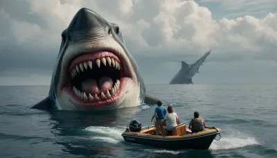 Megalodon chasing a motorboat with people, painted mouth, big teeth, photorealism, 4 K