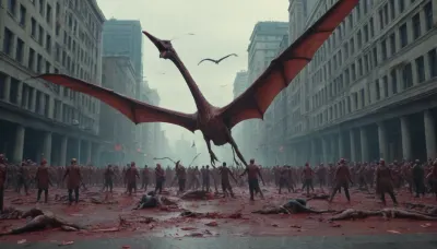 A pack of pterosaurs massacre people in the center of the city, lots of blood, people scattering, photorealism, 4 K