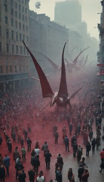A pack of pterosaurs massacre people in the center of the city, lots of blood, people scattering, photorealism, 4 K, <lora:crowd_notrigger:.8>