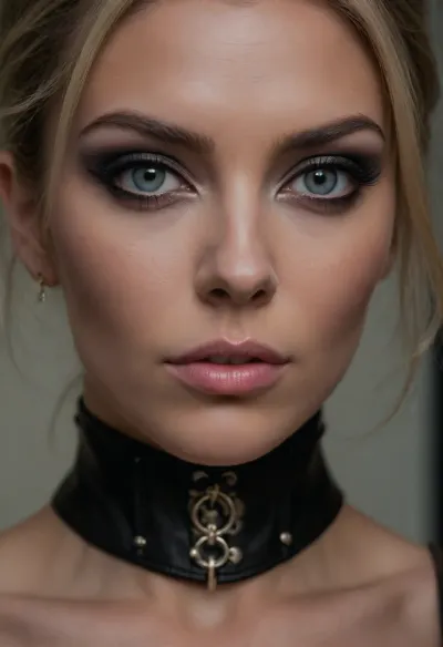 (masterpiece:1.2), (best quality:1.2), (award-winning:1.1), (BDSM aesthetic, fetish aesthetic, dominatrix:1.4), (dominant woman, strong features:1.5), (sense of intimacy:1.4), (breathtaking woman's face, perfect sharp focus on eyes:1.5), (seductive expression, arrogant smirk, judgemental:1.3), (intricate eye details:1.6), (pale grey eyes, captivating eyes:1.6), (long delicate eyelashes:1.5), (perfectly applied eyeliner:1.4), (voluminous short cut hair, ash blonde hair with dark highlights, stylish textured hair cut, loose strands of hair, swept back hairstyle:1.4), (shallow depth of field:1.6), (softly blurred background:1.3), professional color grading, (natural skin texture:1.6), (realistic skin details:1.5), subtle skin imperfections, (intricately detailed hair:1.5), (expressive detailed eyes:1.6), (visible limbal ring:1.5), (detailed iris texture:1.5), (natural hair texture:1.4), (realistic eye texture:1.5), subtle vellus hairs, (strict corset:1.5), ziprealism