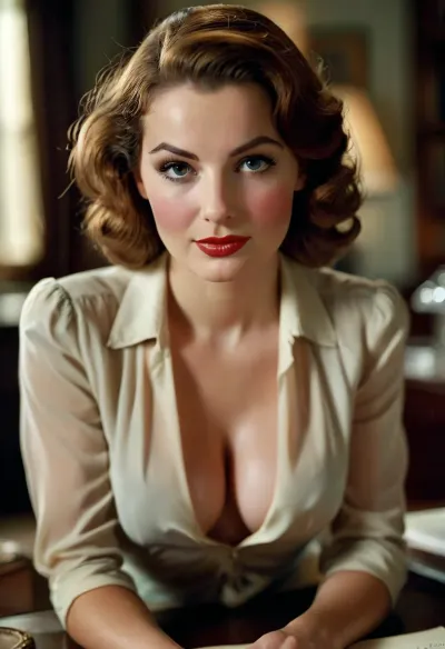 In an executive office in 1941 a breathtakingly sexy secretary leans over her boss’s desk with smoldering eyes while displaying magnificent cleavage and a naughty smile as she begins her seduction, angle from above, cleavage, large natural breasts, partially unbuttoned shirt, heavy makeup, freckles, beautiful expressive eyes, seduction, retro 1940s hair and makeup and clothes and decor, masterpiece, key visual, incredibly detailed, rank_9, <lora:style_lora_realis:.8>